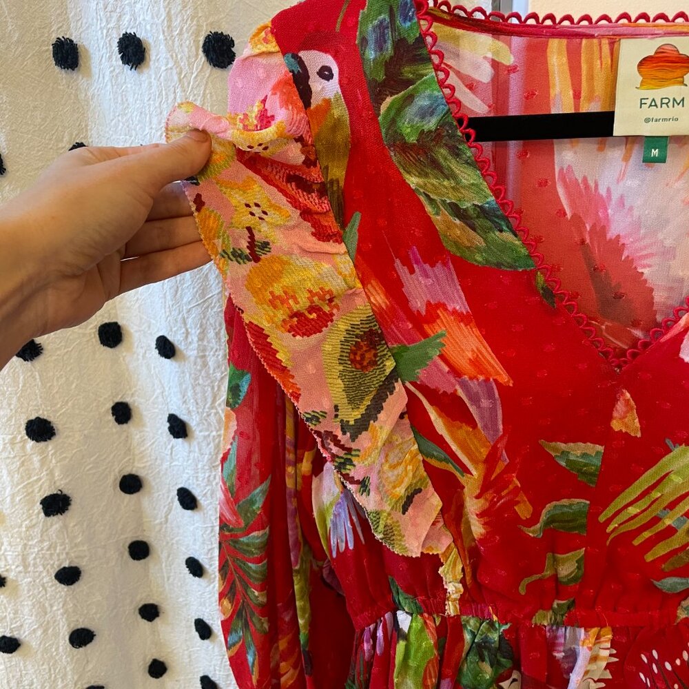 FARM Rio Red Tropical Ruffled V-Neck Blouse - Picture 9 of 11
